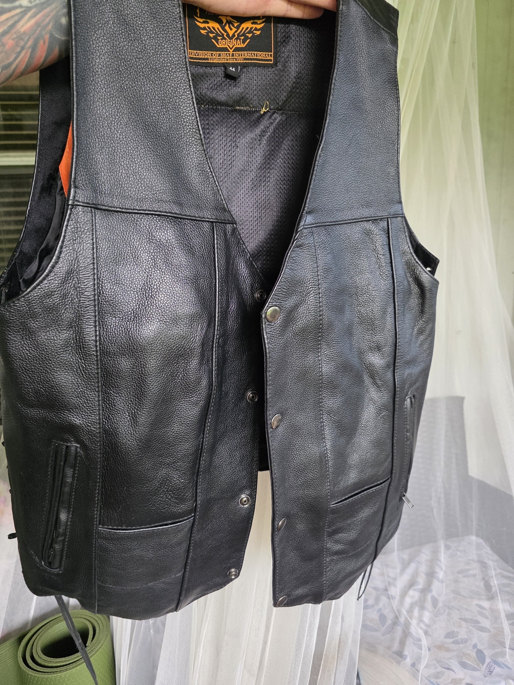 Black Leather Motorcycle Vest with Orange Trim